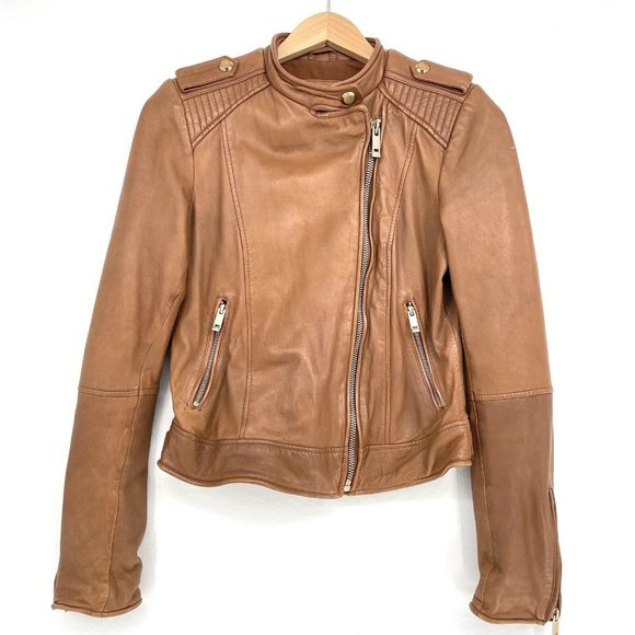 ZARA Basic Outerwear Jacket Womens M‎ Brown Long Sleeve Full Zip Cognac Leather - Picture 1 of 10